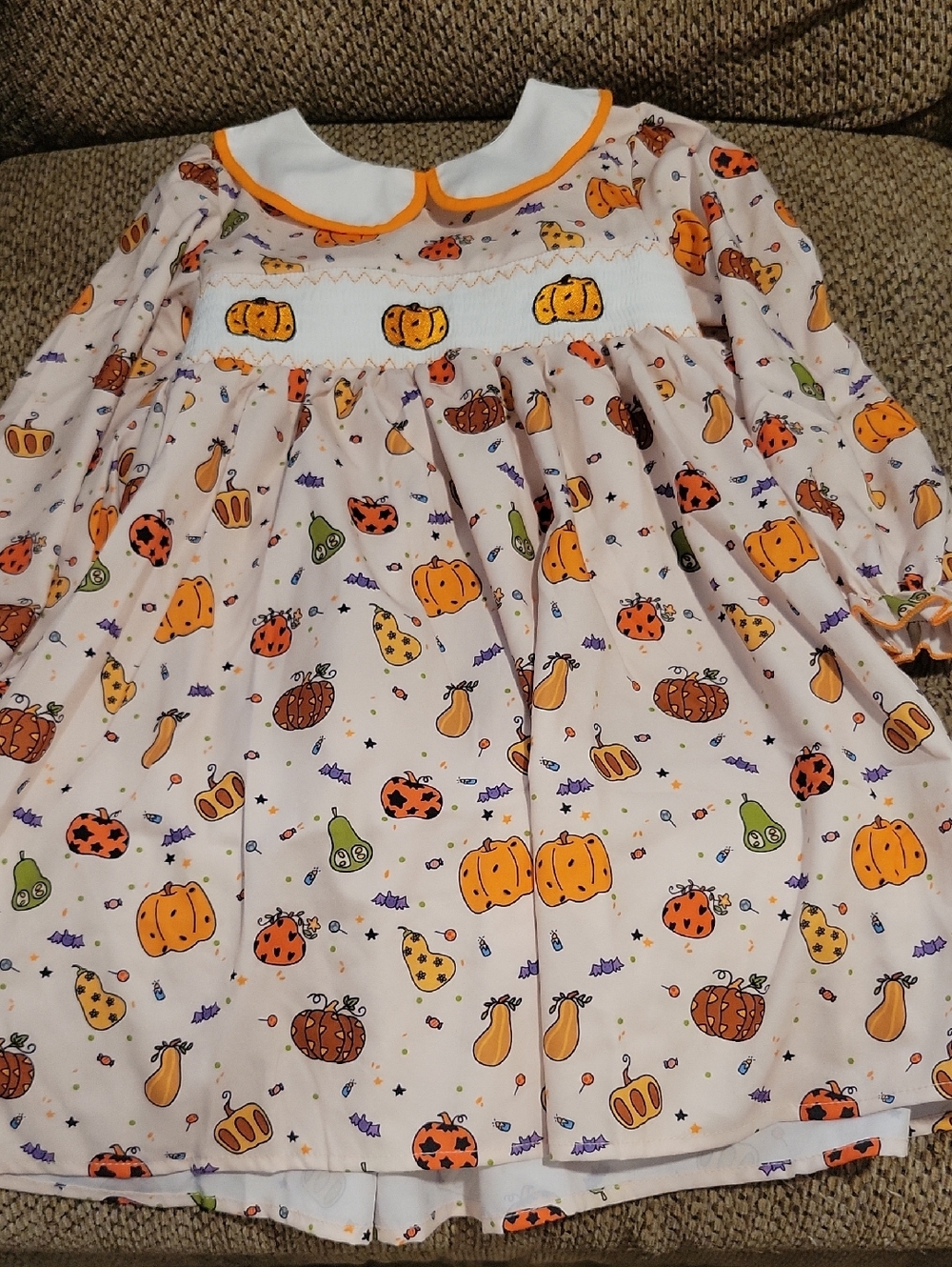 Girls' White Pumpkin Print Casual Dress with Orange Trim